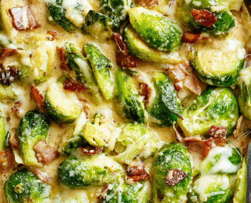 Creative Catering Creamy Cheese Brussels Sprouts and Bacon Bake